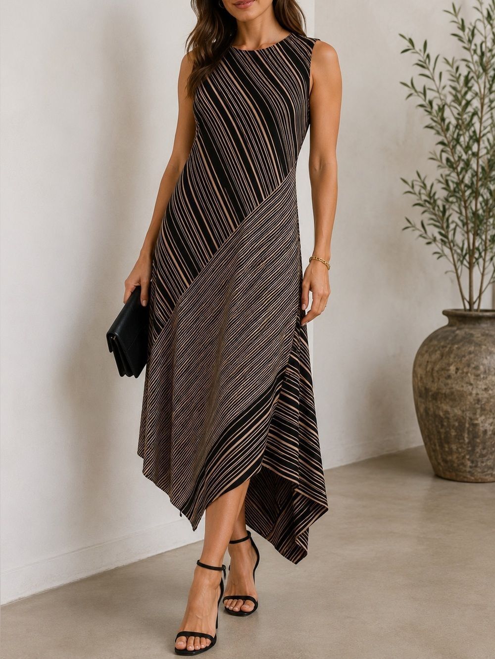 Donna Karan New York Striped Asymmetrical Midi Dress Black Beige Size M